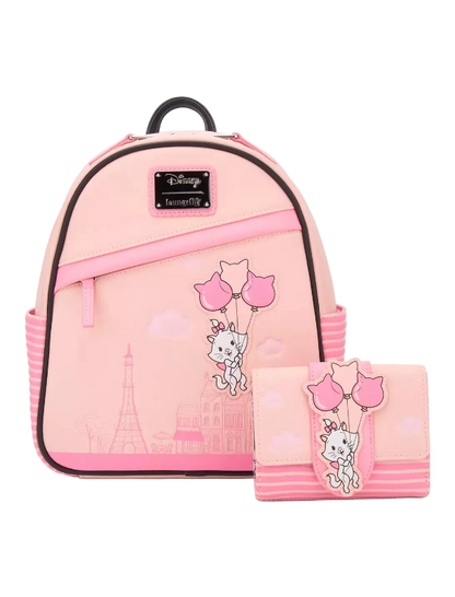 Pink backpack with cartoon design on a white background