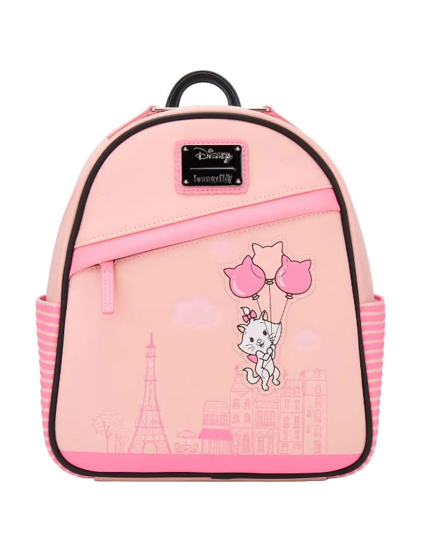 Pink backpack with cartoon character design on a white background