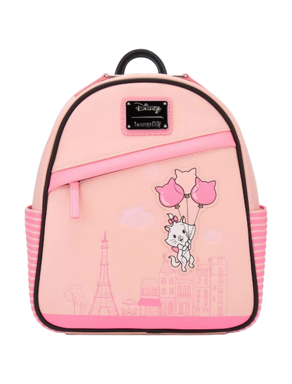 Pink backpack with cartoon character design on a white background