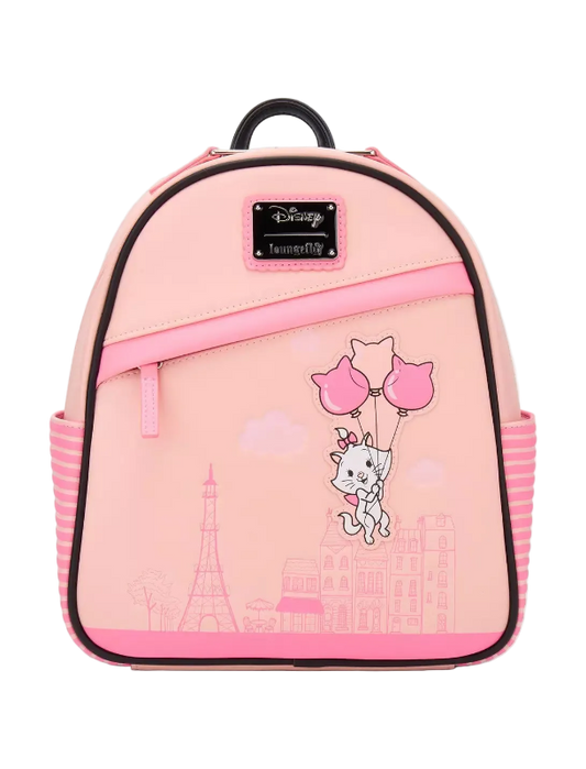 Pink backpack with cartoon character design on a white background