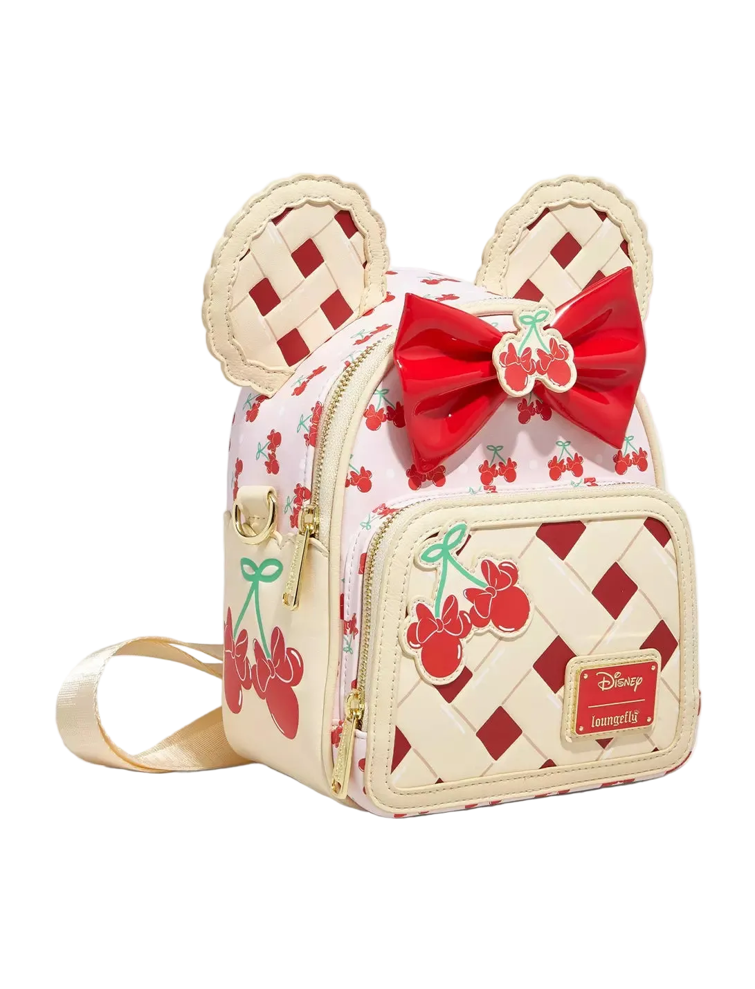 Backpack with cherry pie design and bow detail on a white background