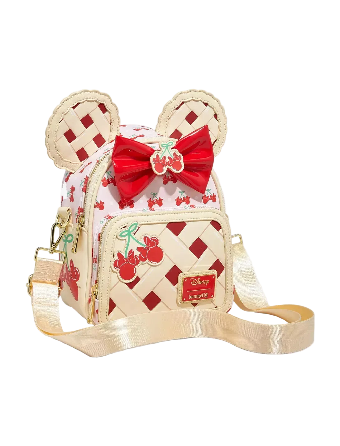 Crossbody bag with cherry pie design and bow on a white background