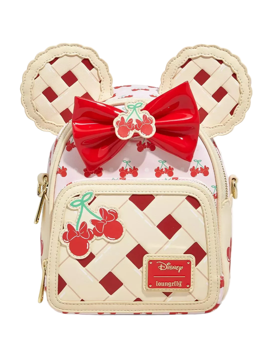 Mini backpack with Minnie Mouse ears and cherry pattern on a white background