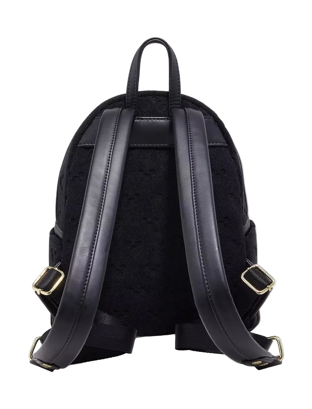 Black backpack shown from the back, featuring a textured fabric body, smooth black shoulder straps, and gold-tone metal buckles, photographed on a clean white background.