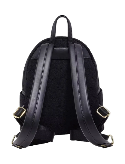 Black backpack shown from the back, featuring a textured fabric body, smooth black shoulder straps, and gold-tone metal buckles, photographed on a clean white background.