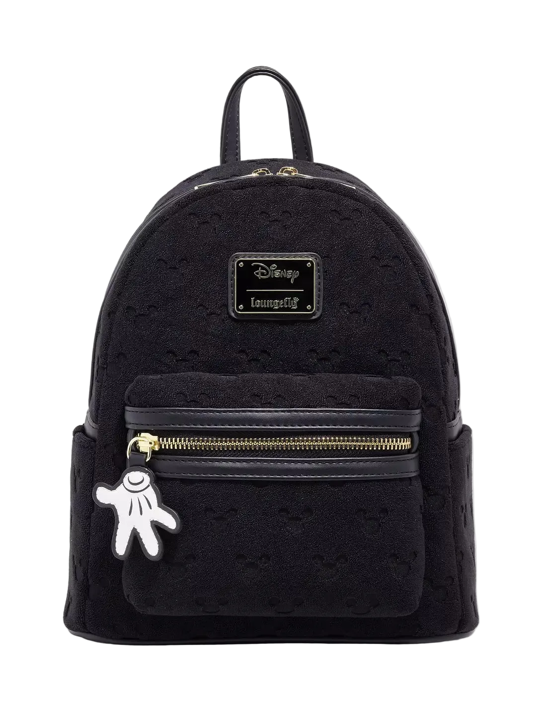 Black backpack with gold zipper and Mickey Mouse charm on a white background