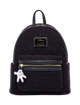 Black backpack with gold zipper and Mickey Mouse charm on a white background