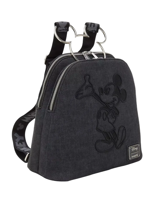 Black backpack with Mickey Mouse design on a white background