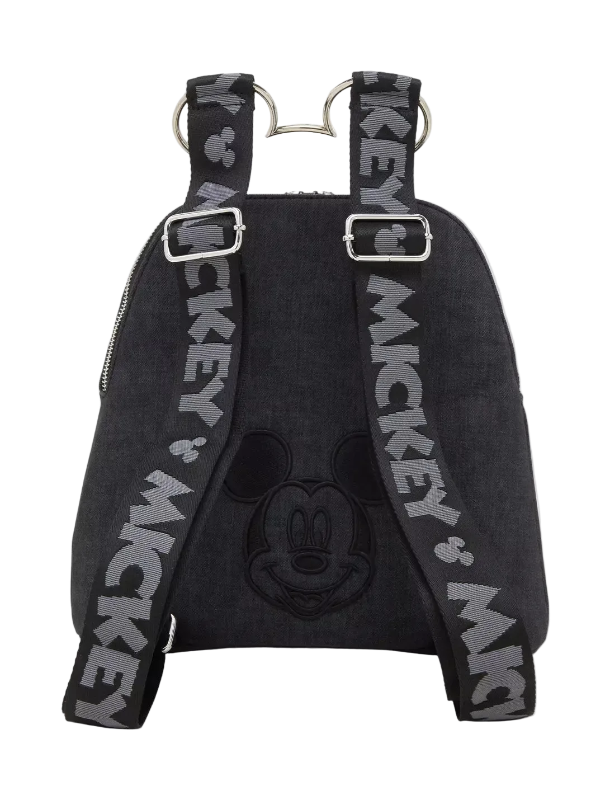 Black backpack with Mickey Mouse design and 'Mickey' text on straps against a white background