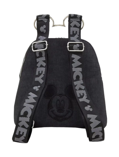 Black backpack with Mickey Mouse design and 'Mickey' text on straps against a white background