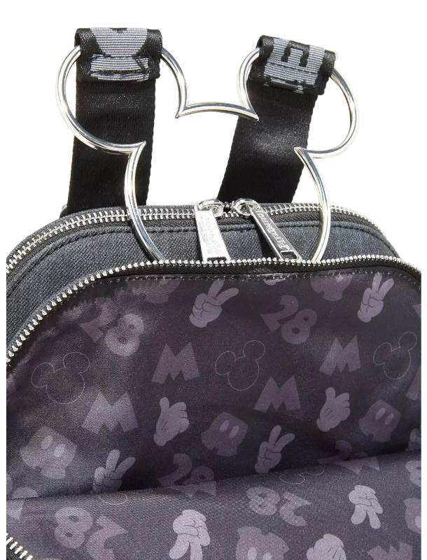 Gray backpack with Mickey Mouse pattern and iconic ears on a white background