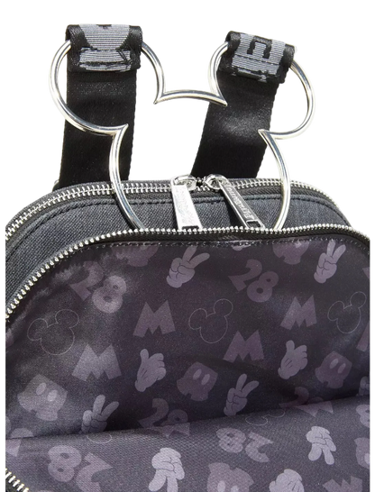 Gray backpack with Mickey Mouse pattern and iconic ears on a white background