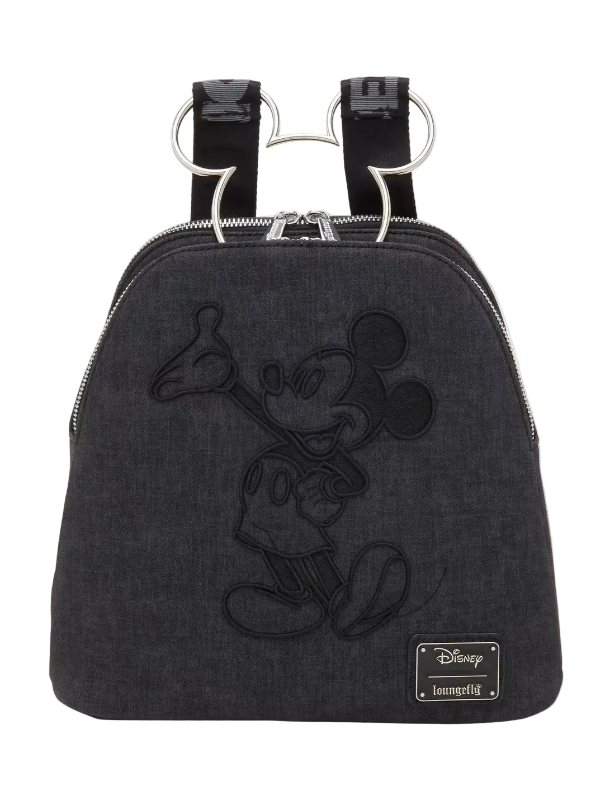 Black backpack with Mickey Mouse design and Disney logo on a white background