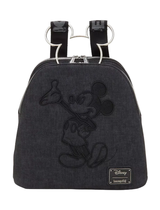 Black backpack with Mickey Mouse design and Disney logo on a white background