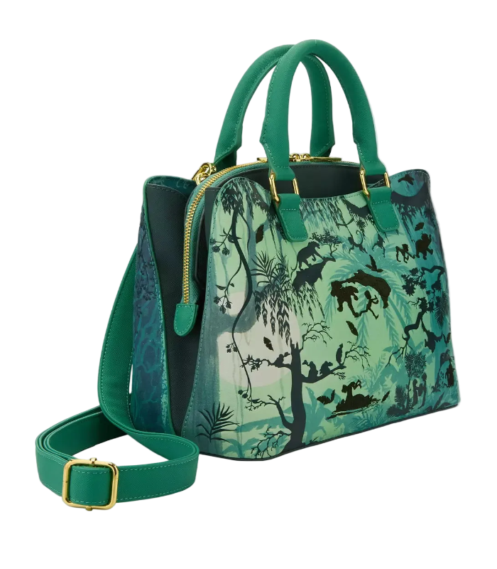 Green handbag with nature-themed design on a white background