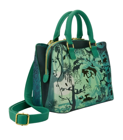 Green handbag with nature-themed design on a white background