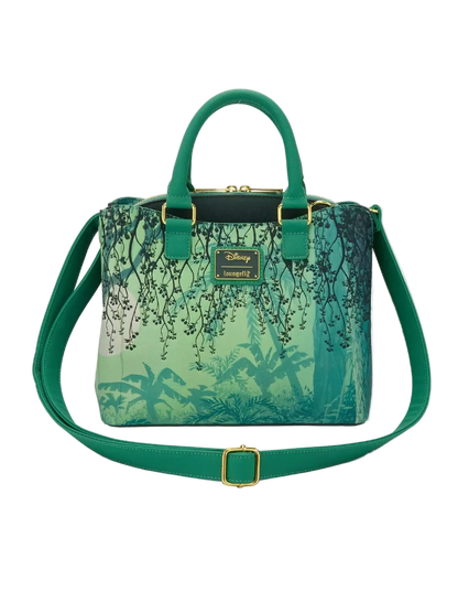 Green handbag with floral pattern on a white background