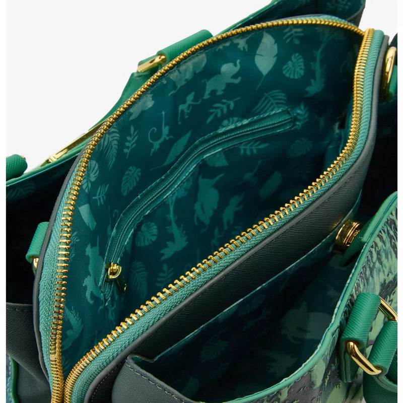 Green handbag with gold zipper and patterned interior