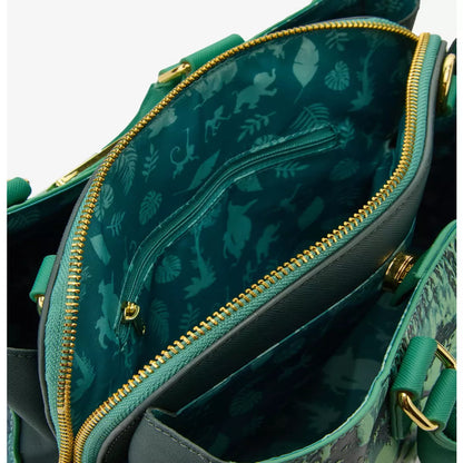 Green handbag with gold zipper and patterned interior