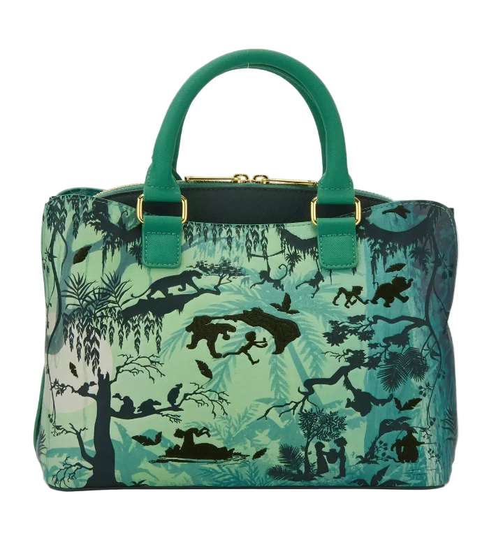 Green handbag with animal silhouette pattern on a white background