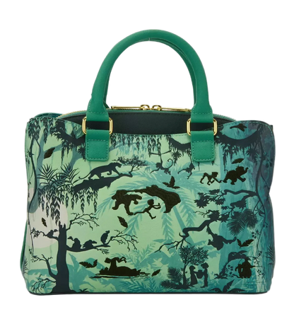 Green handbag with animal silhouette pattern on a white background
