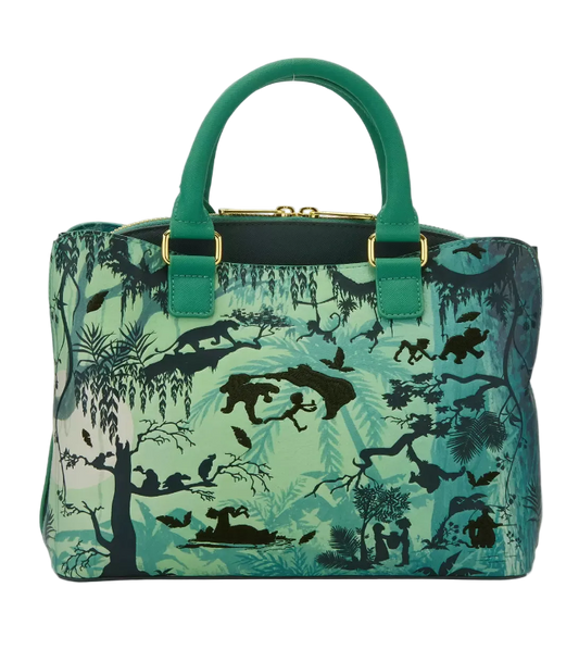 Green handbag with animal silhouette pattern on a white background