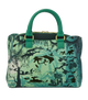 Green handbag with animal silhouette pattern on a white background
