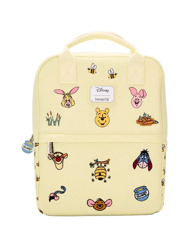 Yellow backpack with cartoon character illustrations on a white background