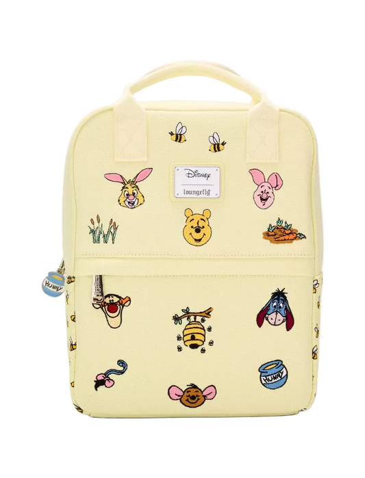 Yellow backpack with cartoon character illustrations on a white background