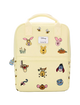Yellow backpack with cartoon character illustrations on a white background