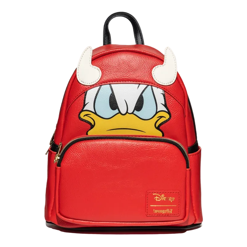 Red backpack with cartoon face design on a white background