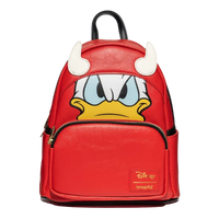 Red backpack with cartoon face design on a white background