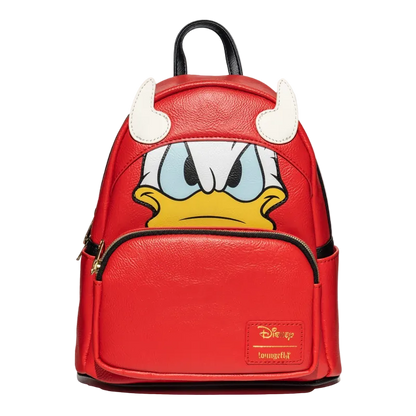 Red backpack with cartoon face design on a white background