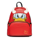 Red backpack with cartoon face design on a white background