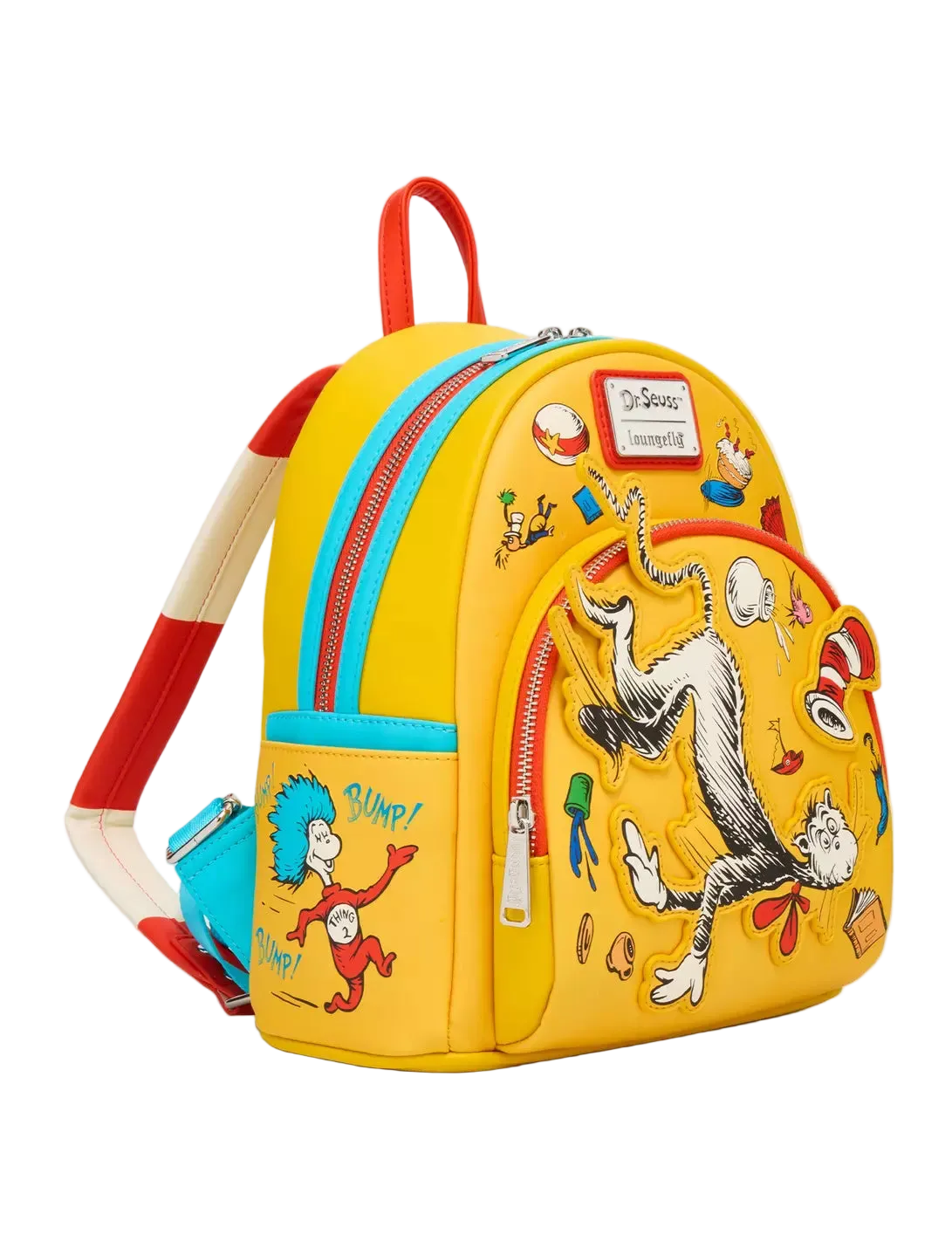 Yellow backpack with Dr. Seuss character designs on a white background