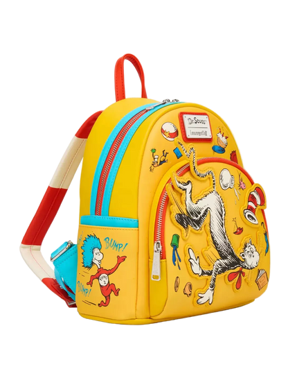 Yellow backpack with Dr. Seuss character designs on a white background