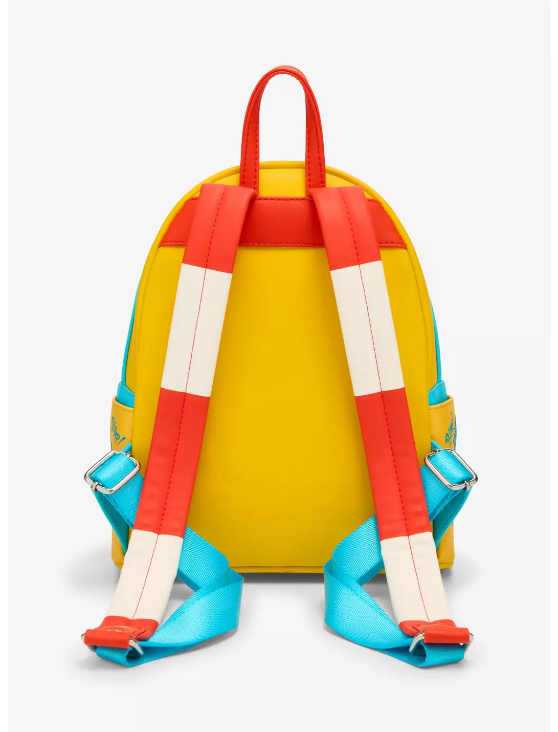 A small backpack shown from the back, featuring a bright yellow body with red top handles and shoulder straps, white striped sections on the straps, and turquoise blue side accents and webbing.