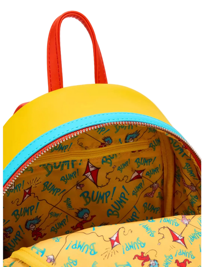 Colorful backpack with cartoon design on a white background
