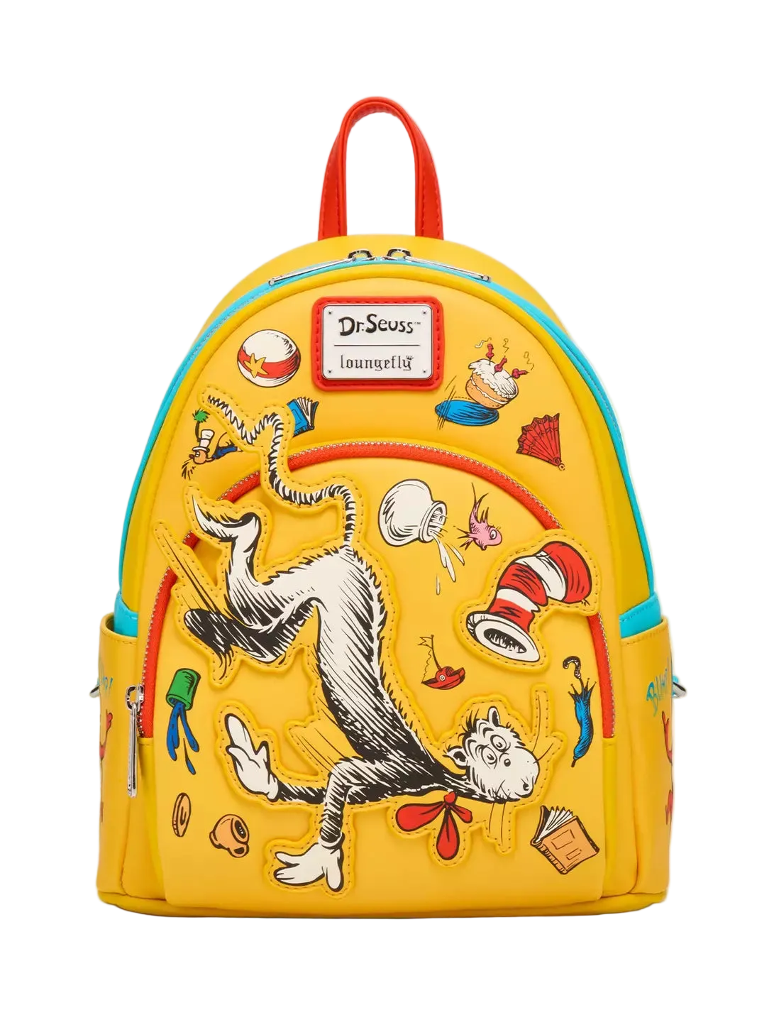 A yellow Dr. Seuss-themed backpack featuring an embroidered Cat in the Hat, with Dr.