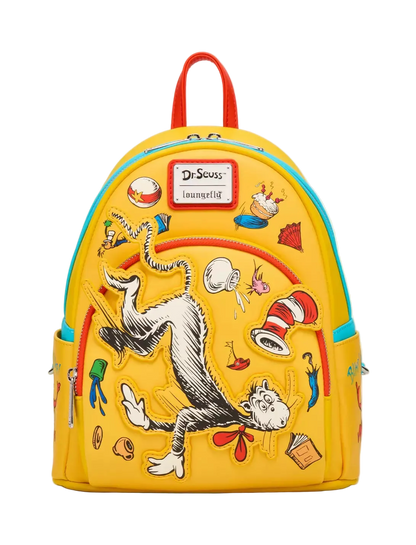 A yellow Dr. Seuss-themed backpack featuring an embroidered Cat in the Hat, with Dr.