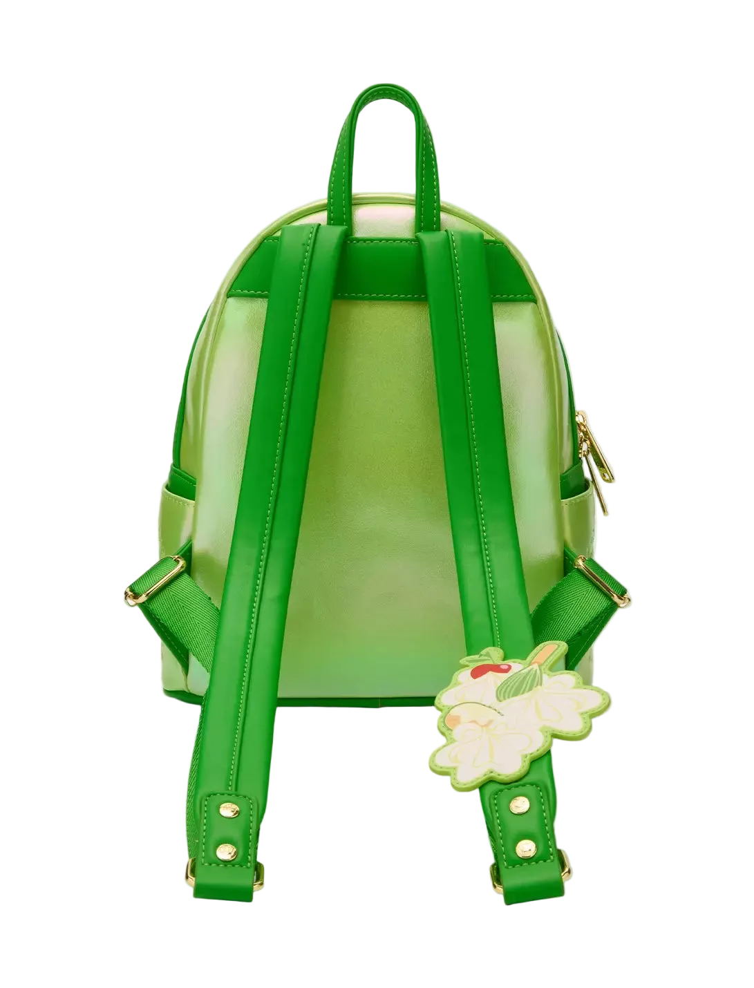 Green backpack with a floral design on a white background