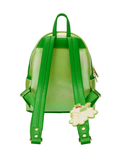 Green backpack with a floral design on a white background