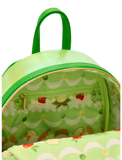Green backpack with cartoon character design on a white background