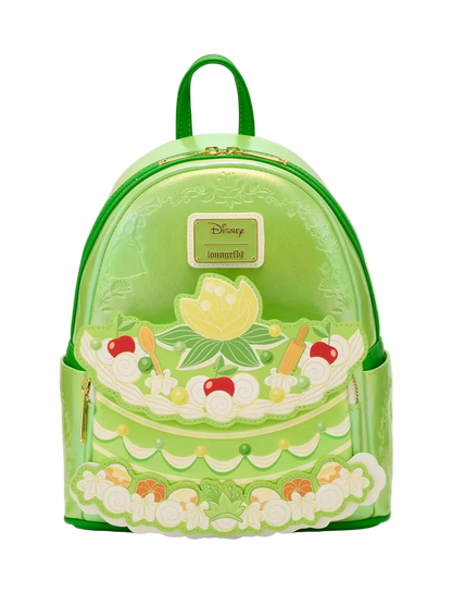 Green backpack with cake design and Disney logo on a white background