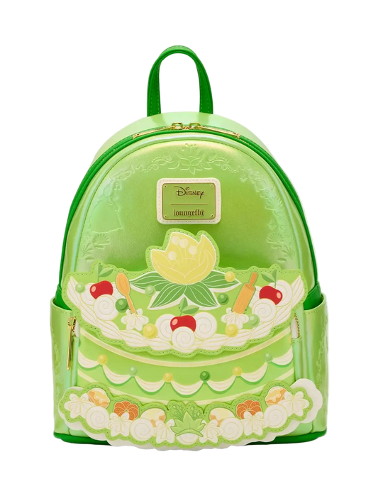 Green backpack with cake design and Disney logo on a white background