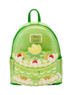 Green backpack with cake design and Disney logo on a white background