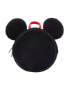 A black corduroy Mickey Mouse-shaped lunch bag or small backpack with two round ears, a top zipper, and a red carrying handle, shown on a light gray background.