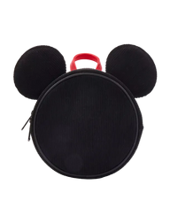 A black corduroy Mickey Mouse-shaped lunch bag or small backpack with two round ears, a top zipper, and a red carrying handle, shown on a light gray background.