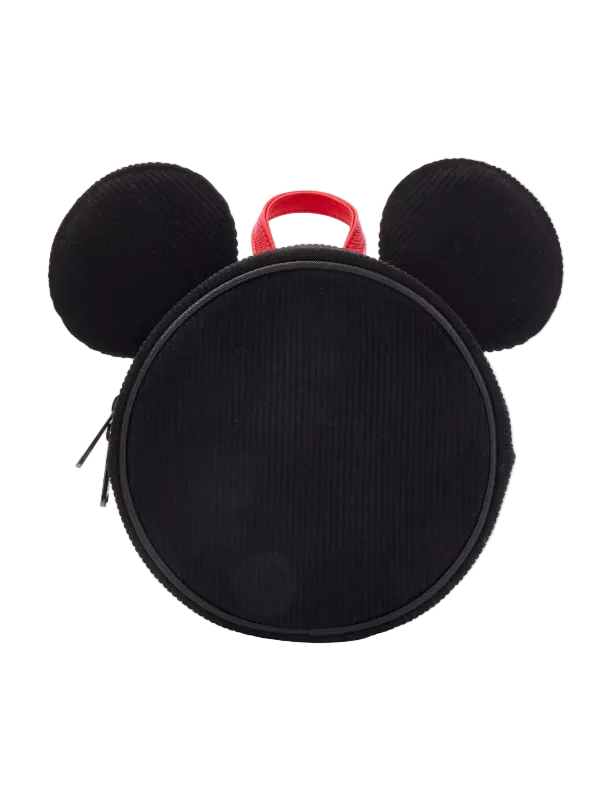 A black corduroy Mickey Mouse-shaped lunch bag or small backpack with two round ears, a top zipper, and a red carrying handle, shown on a light gray background.