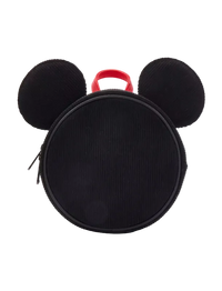 A black corduroy Mickey Mouse-shaped lunch bag or small backpack with two round ears, a top zipper, and a red carrying handle, shown on a light gray background.
